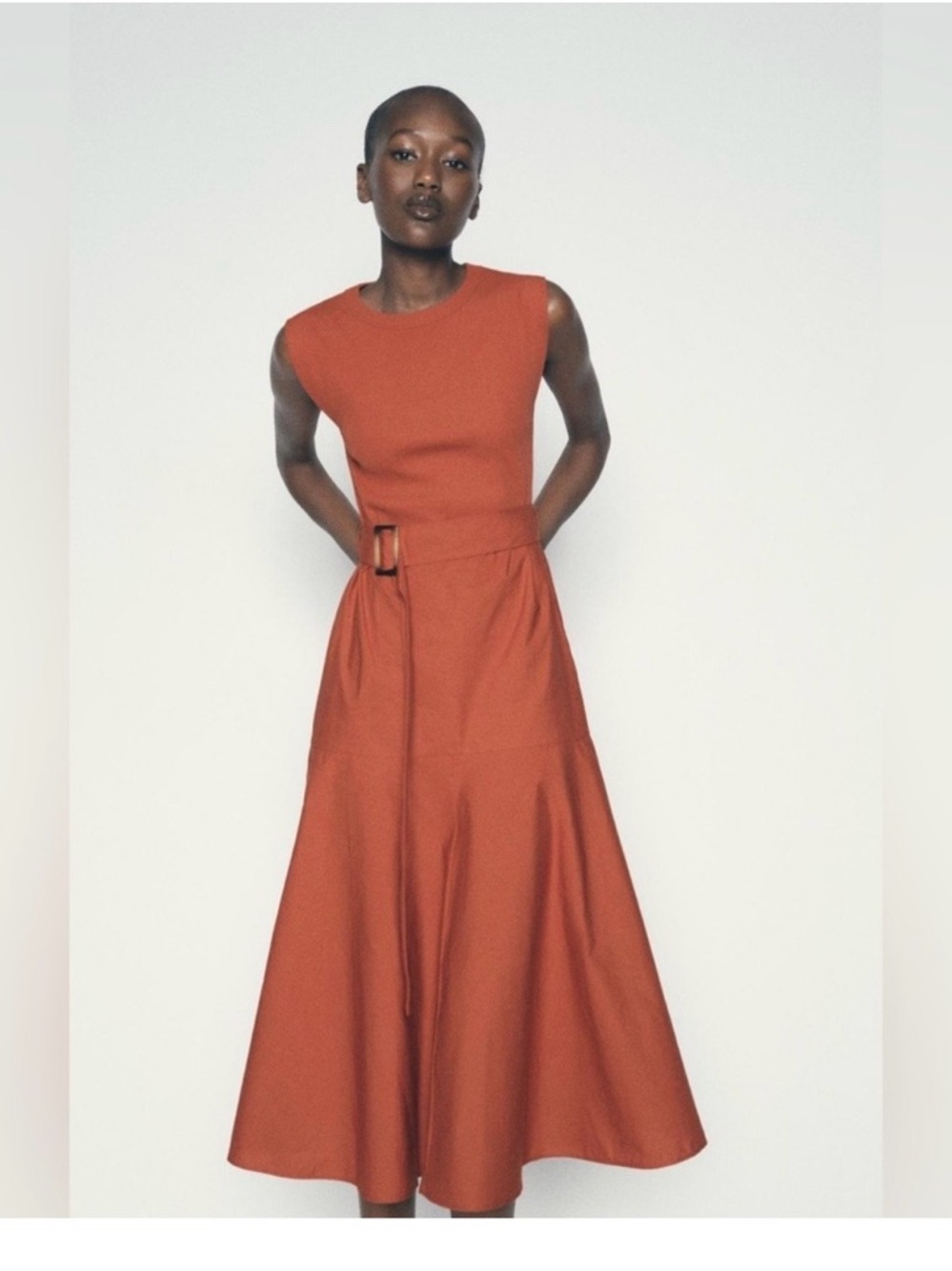Zara Sleeveless Rust-Orange Midi Dress with Belt